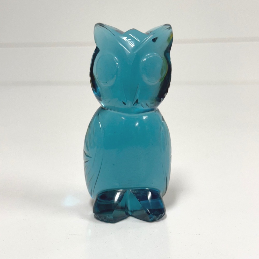 Vintage Art Glass Owl Figurine Translucent Teal Blue Bird Paperweight 4"